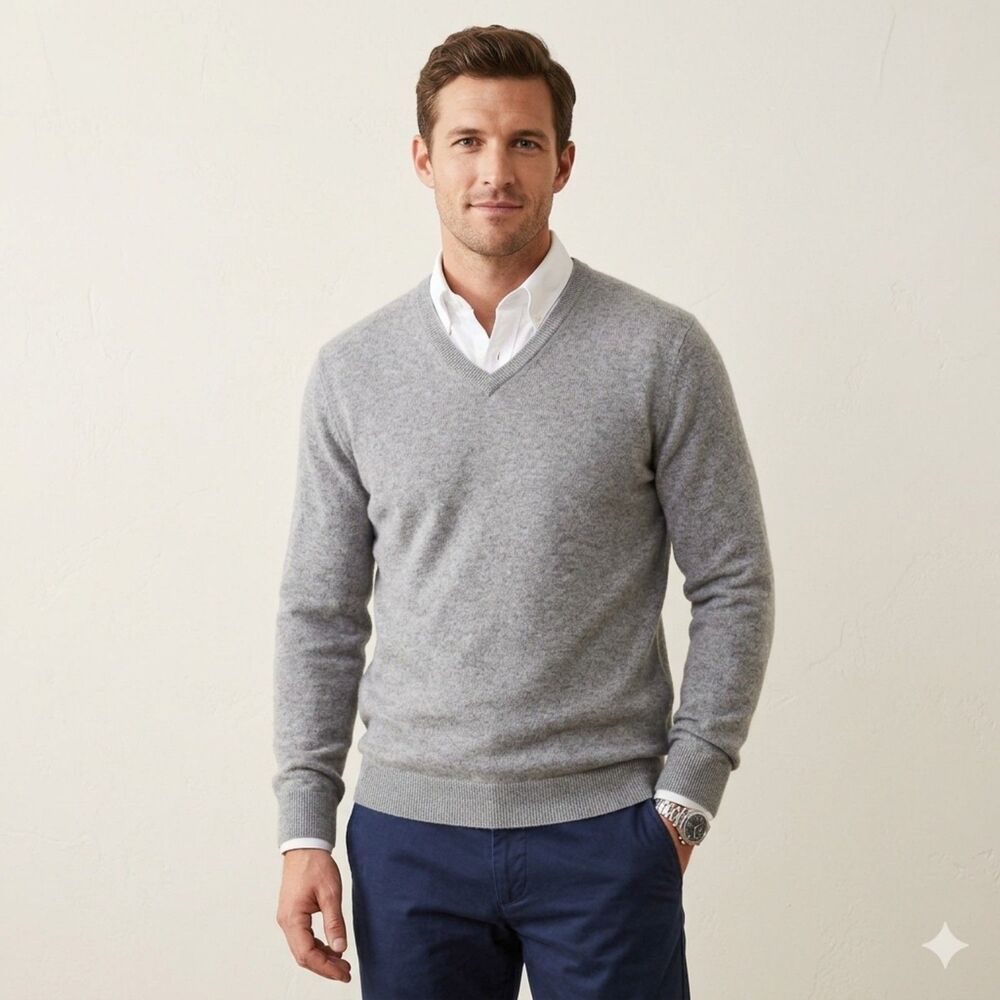 Essential Grey Cashmere V-Neck Pullover Men's Sweater Large - See Measurements